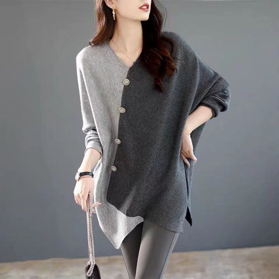 Light Gray Patchwork Dark Gray Knit Tops Plus Size V Neck Knitted Tops