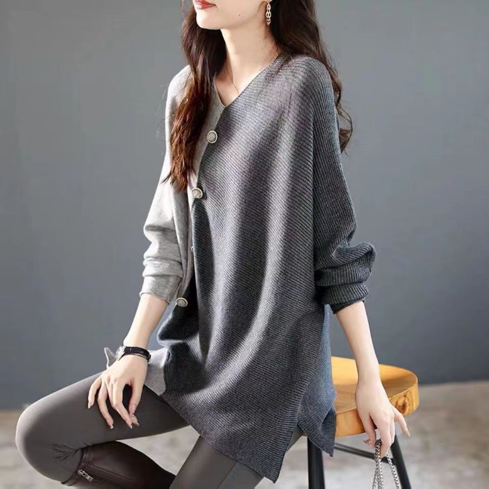 Light Gray Patchwork Dark Gray Knit Tops Plus Size V Neck Knitted Tops