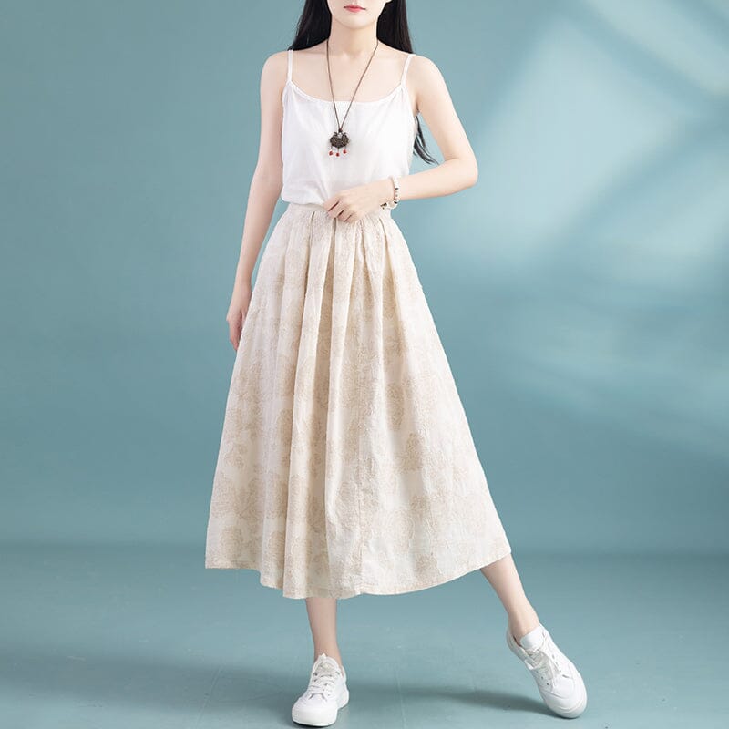 Retro A-Line Cotton Linen Figured Skirt