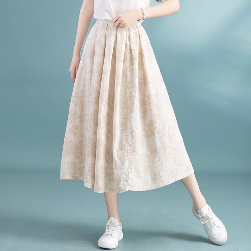 Retro A-Line Cotton Linen Figured Skirt