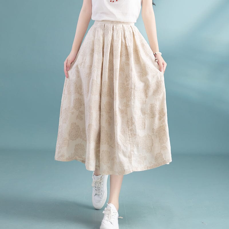 Retro A-Line Cotton Linen Figured Skirt