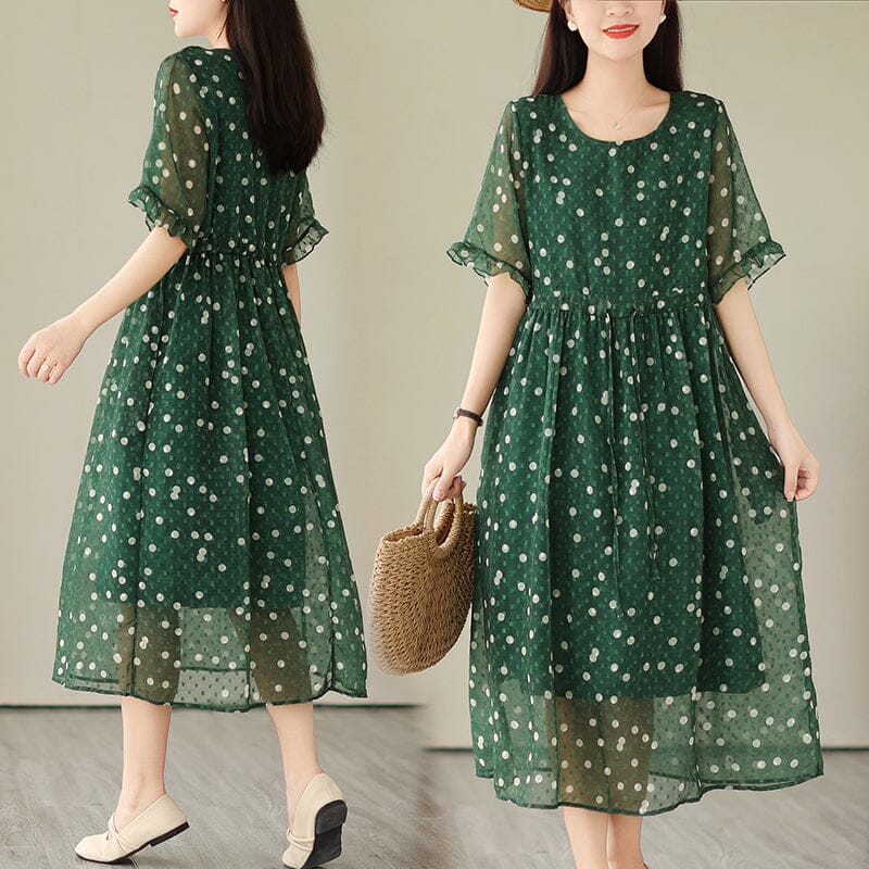 Breathable Green Polka Dots Loose Casual Dress Short Sleeve Summer