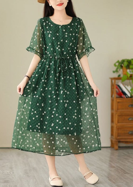 Breathable Green Polka Dots Loose Casual Dress Short Sleeve Summer