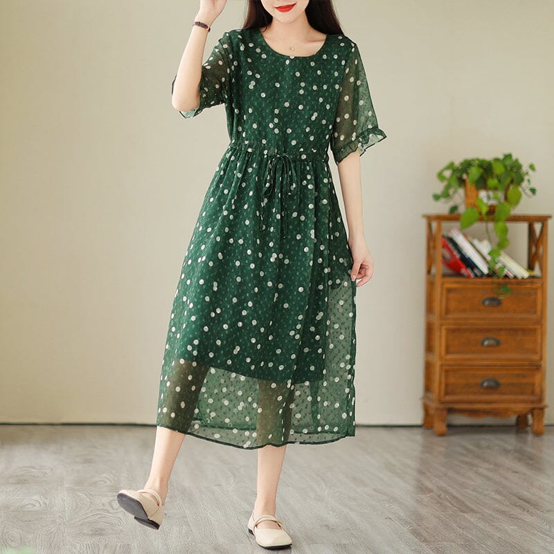 Breathable Green Polka Dots Loose Casual Dress Short Sleeve Summer