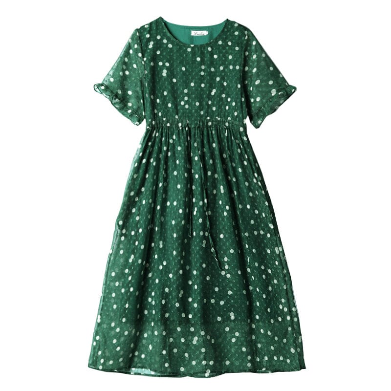 Breathable Green Polka Dots Loose Casual Dress Short Sleeve Summer