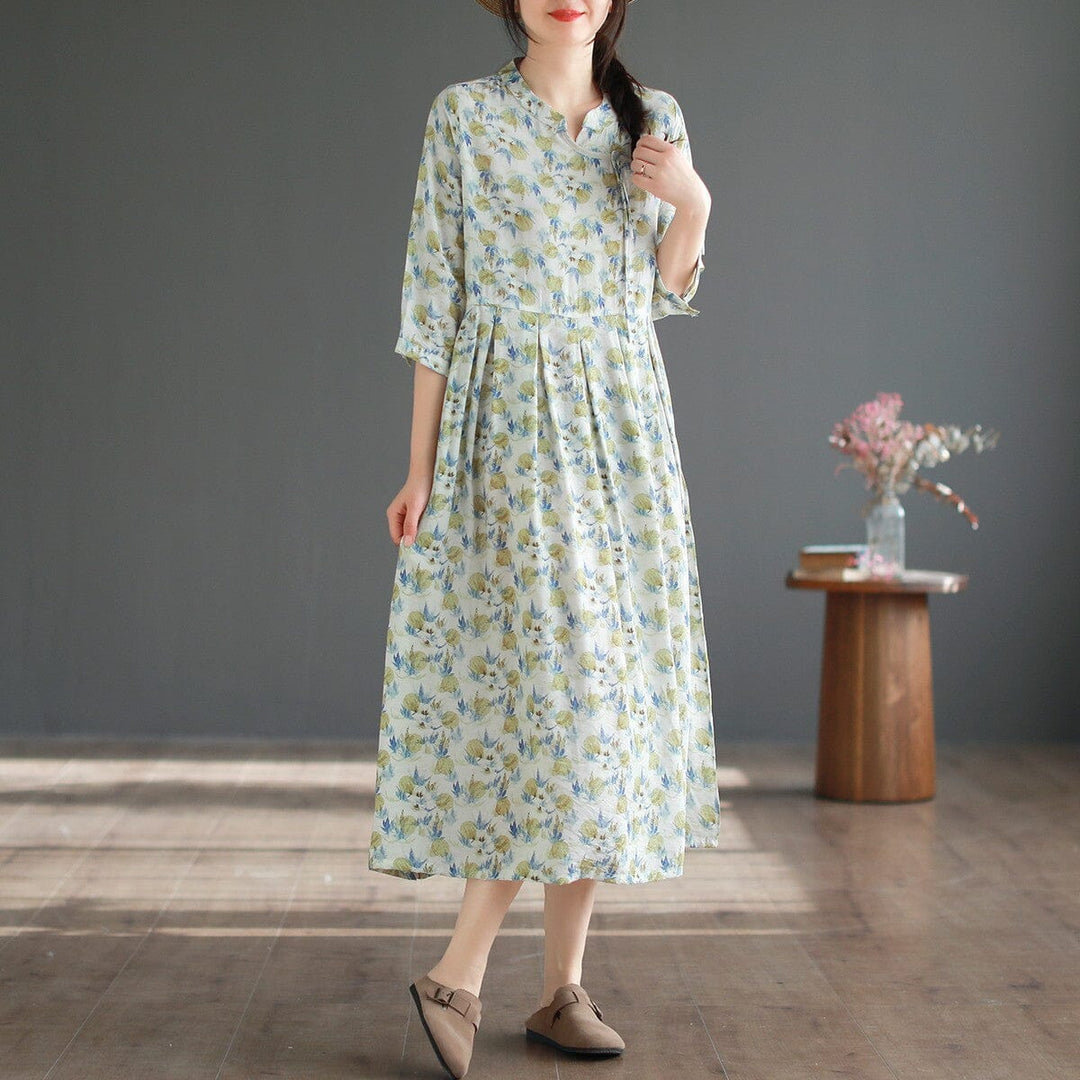 Casual Breathable Thin Cotton Floral Print Dress Half Sleeve