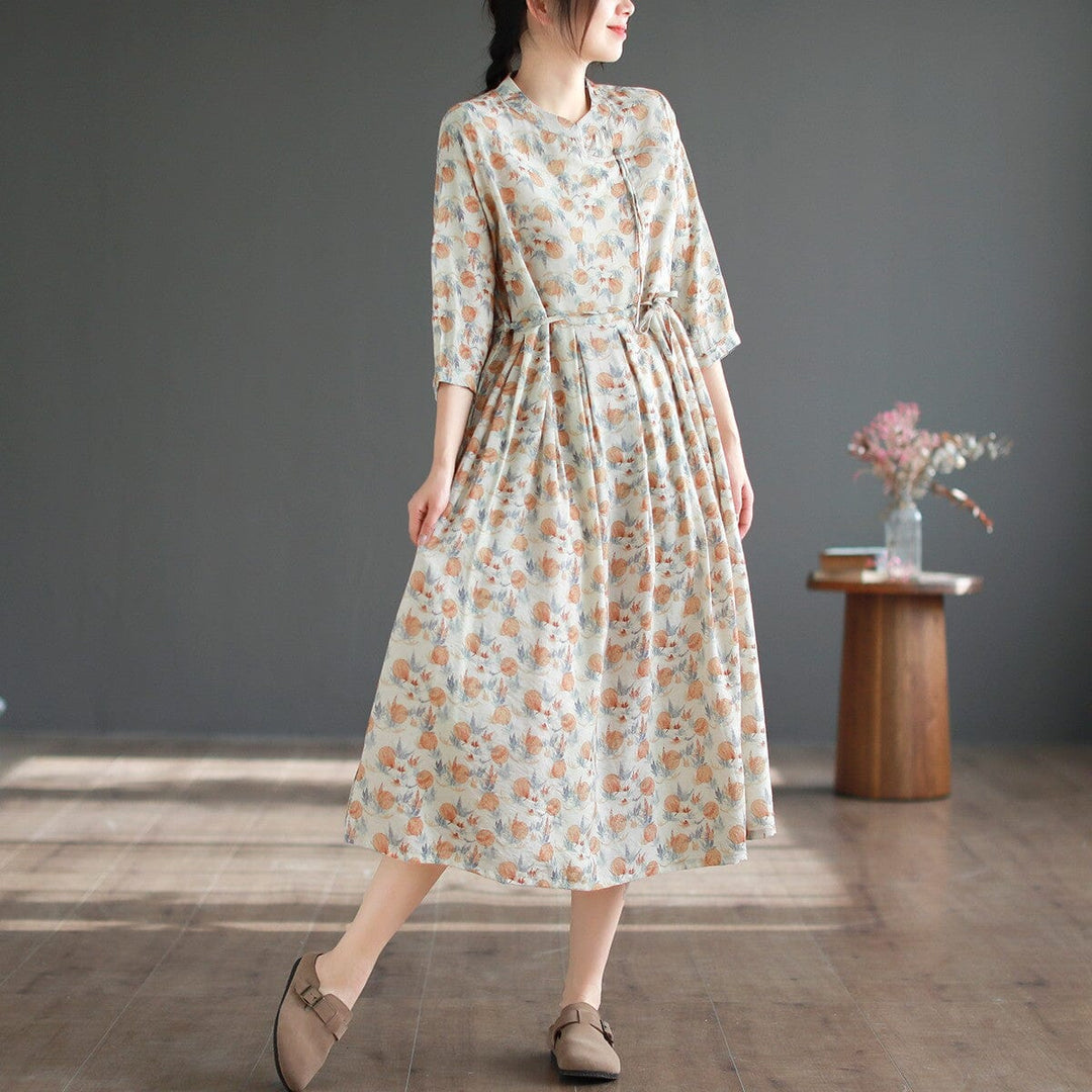 Casual Breathable Thin Cotton Floral Print Dress Half Sleeve