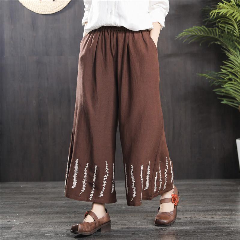 summer brown linen casual wide leg pants loose plus size embroidery trousers - Omychic