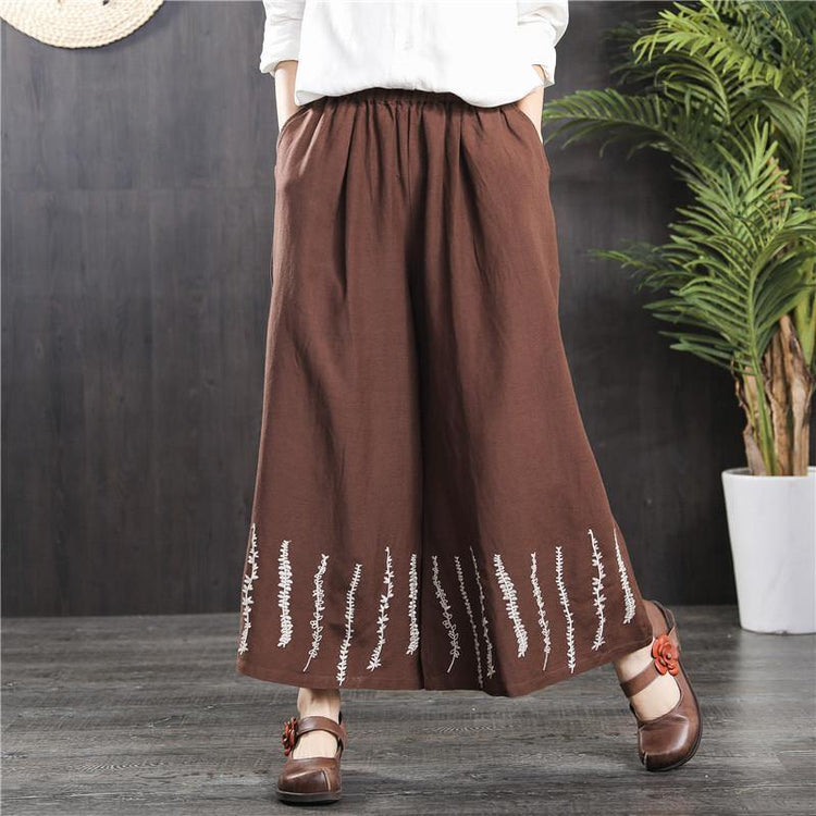 summer brown linen casual wide leg pants loose plus size embroidery trousers - Omychic
