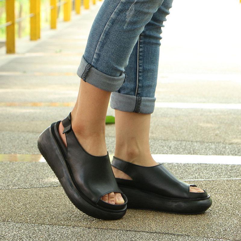 Summer Casual Cow Leather Shoes Black Wedge Heel Sandals