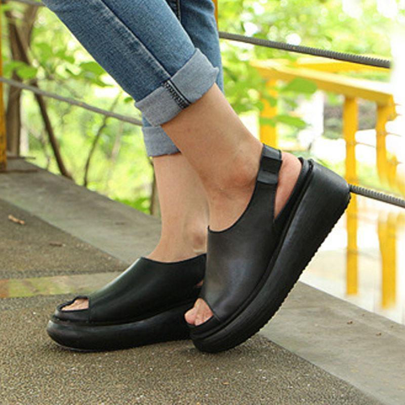 Summer Casual Cow Leather Shoes Black Wedge Heel Sandals