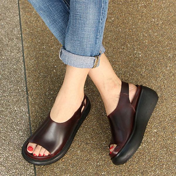 Summer Casual Cow Leather Shoes Coffee Wedge Heel Sandals