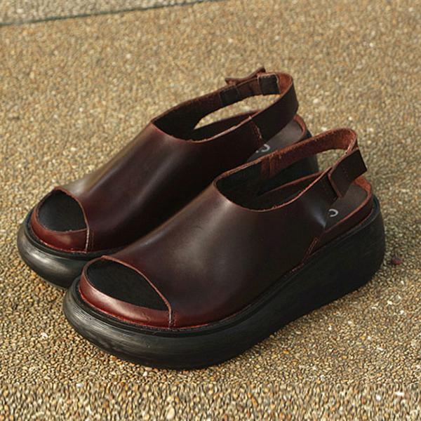 Summer Casual Cow Leather Shoes Coffee Wedge Heel Sandals