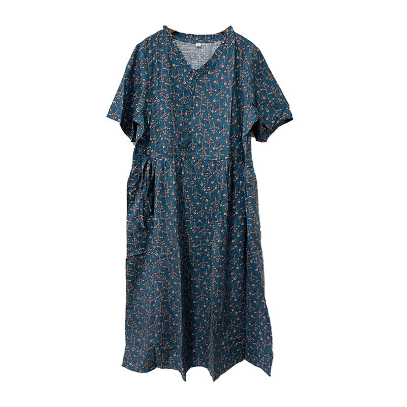 Casual Floral Cotton Linen Dress Short Sleeve