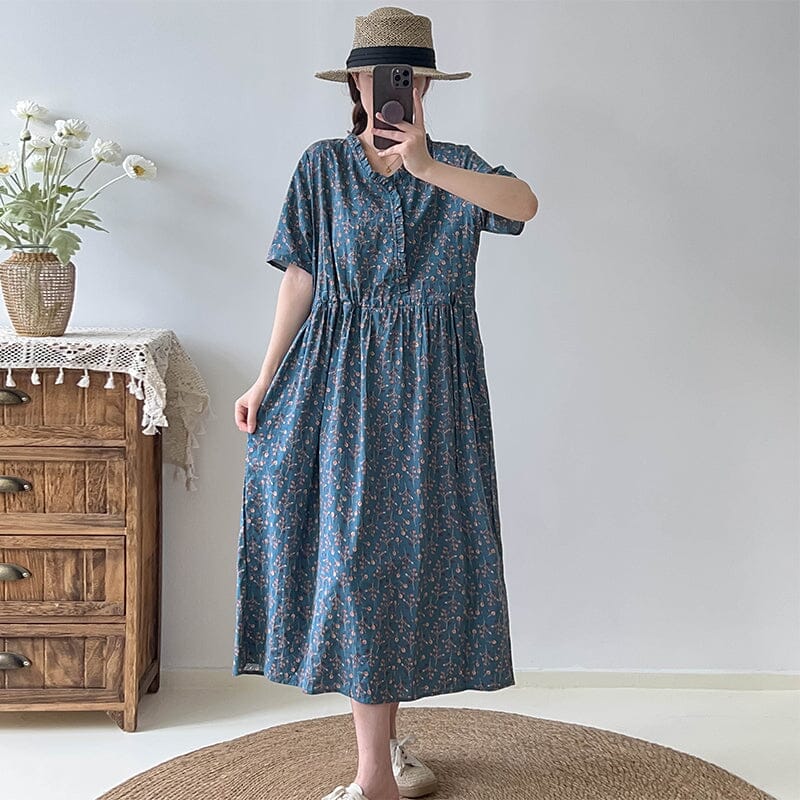 Casual Floral Cotton Linen Dress Short Sleeve