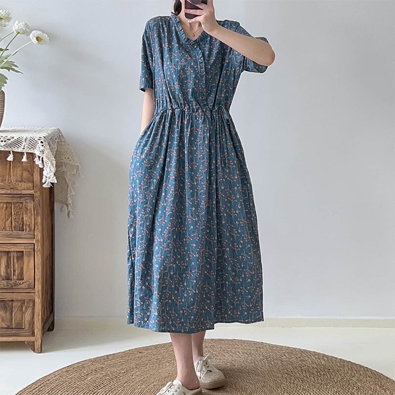 Casual Floral Cotton Linen Dress Short Sleeve