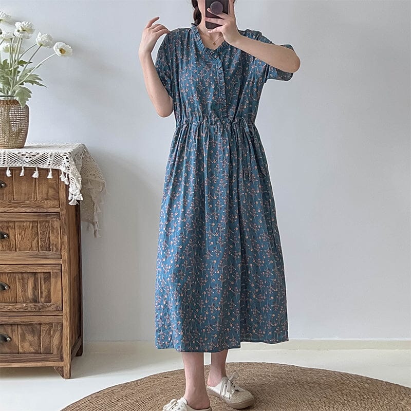 Casual Floral Cotton Linen Dress Short Sleeve