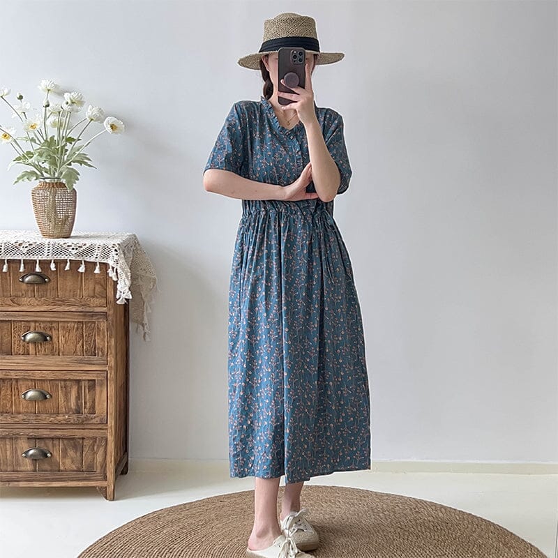 Casual Floral Cotton Linen Dress Short Sleeve