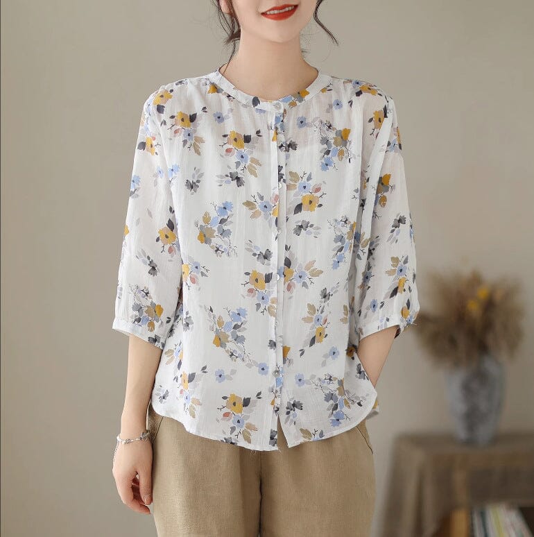 Summer Casual Floral Print Linen Blouse