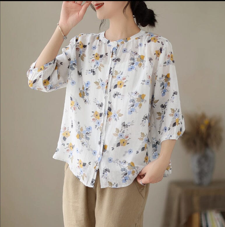 Summer Casual Floral Print Linen Blouse