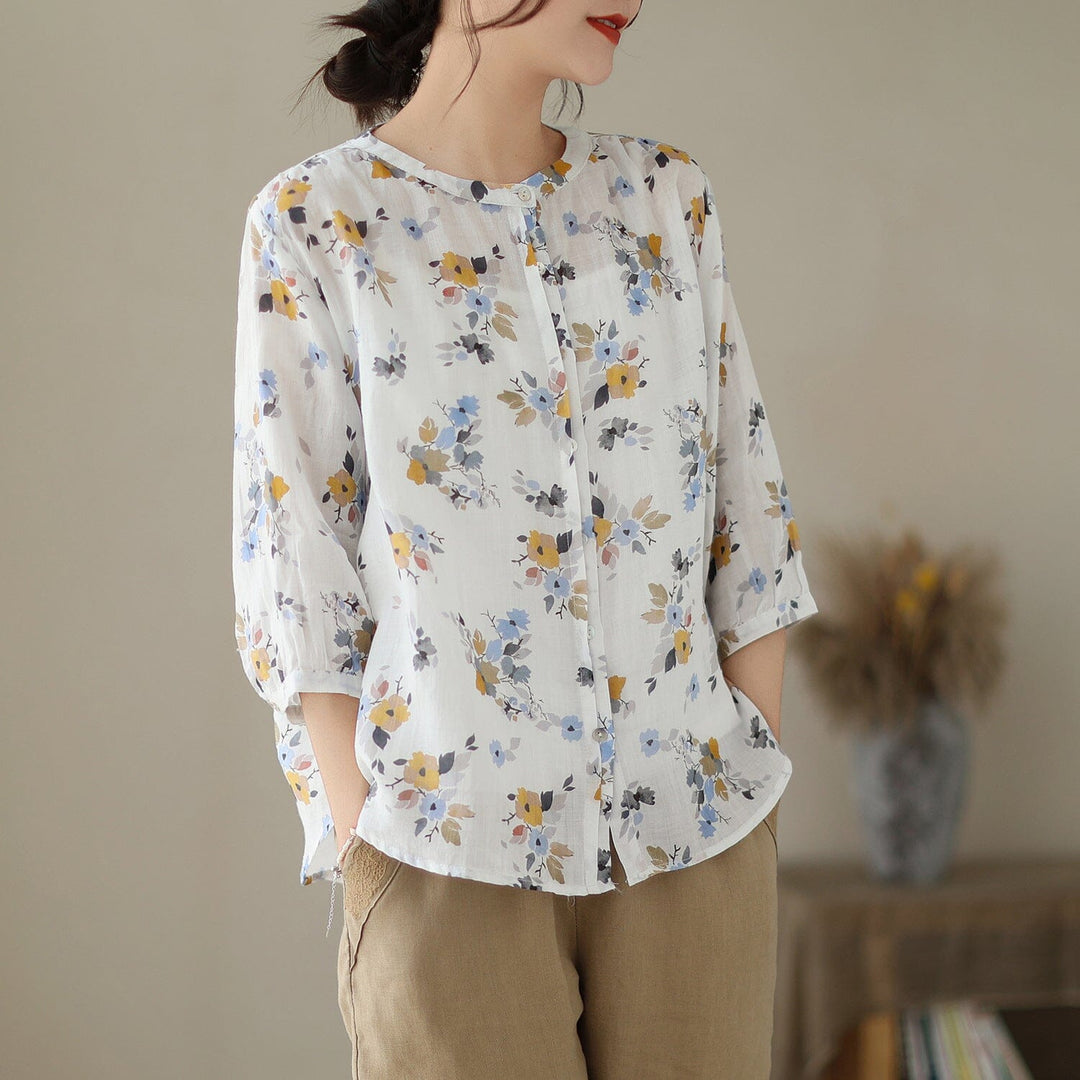 Summer Casual Floral Print Linen Blouse