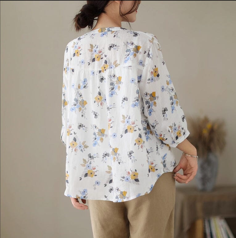 Summer Casual Floral Print Linen Blouse