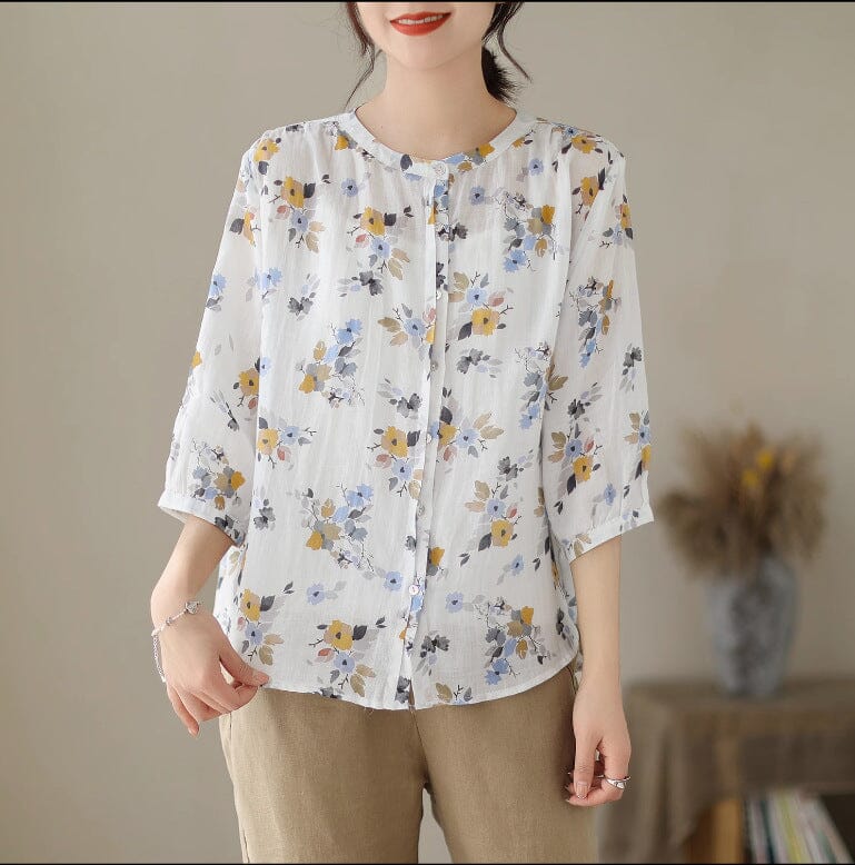 Summer Casual Floral Print Linen Blouse