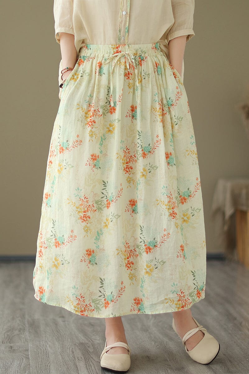 Summer Casual Linen Floral Loose Skirt