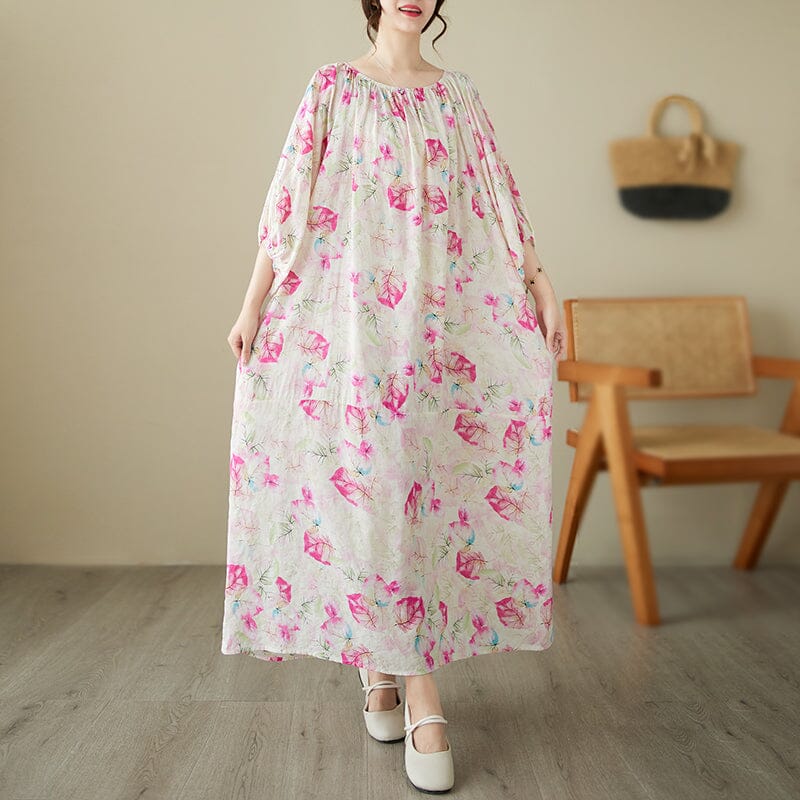 Loose Casual Pink Floral Cotton Linen Dress Half Sleeve Summer