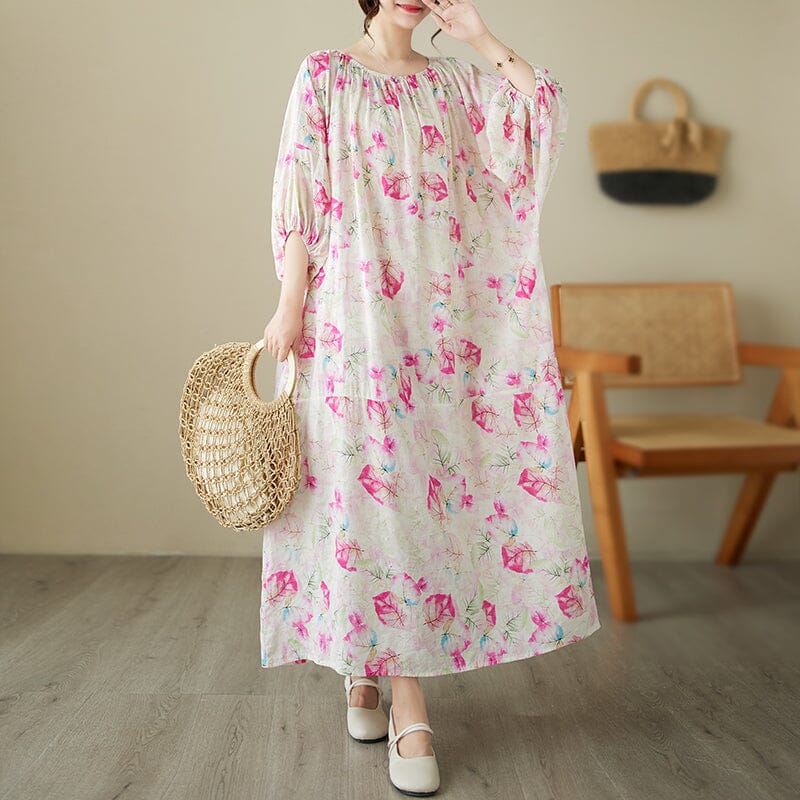 Loose Casual Pink Floral Cotton Linen Dress Half Sleeve Summer