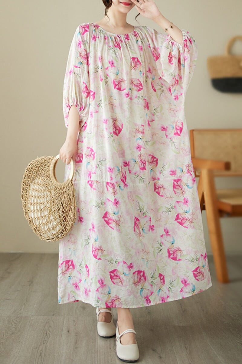 Loose Casual Pink Floral Cotton Linen Dress Half Sleeve Summer