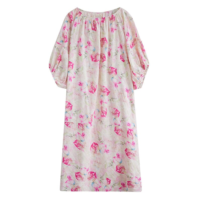 Loose Casual Pink Floral Cotton Linen Dress Half Sleeve Summer