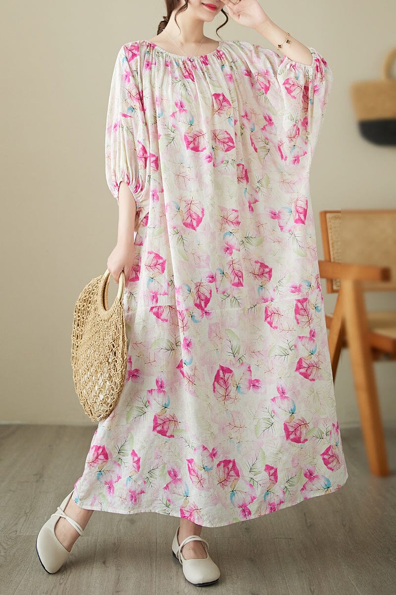 Loose Casual Pink Floral Cotton Linen Dress Half Sleeve Summer