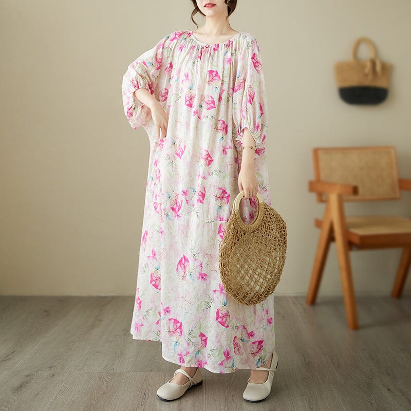 Loose Casual Pink Floral Cotton Linen Dress Half Sleeve Summer