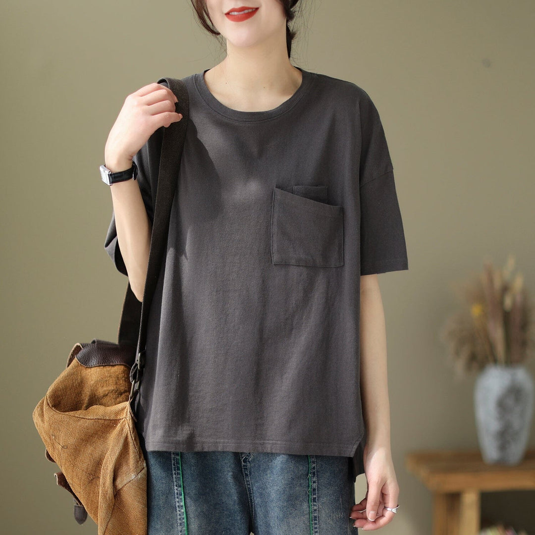 Summer Casual Pocket Solid Cotton Linen T-Shirt