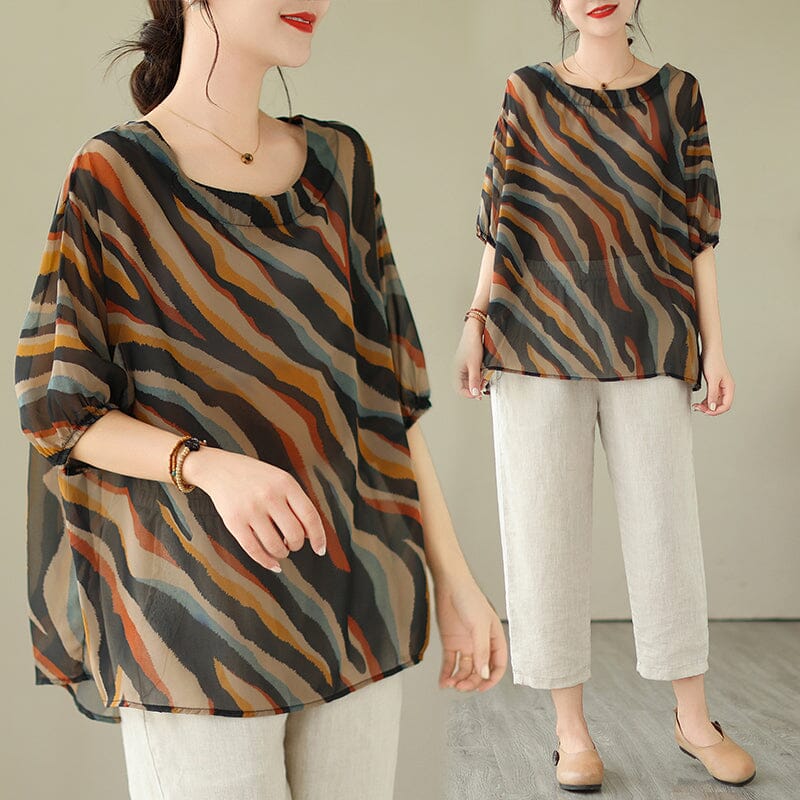 Plus Size Summer Casual Retro Print Loose Tops