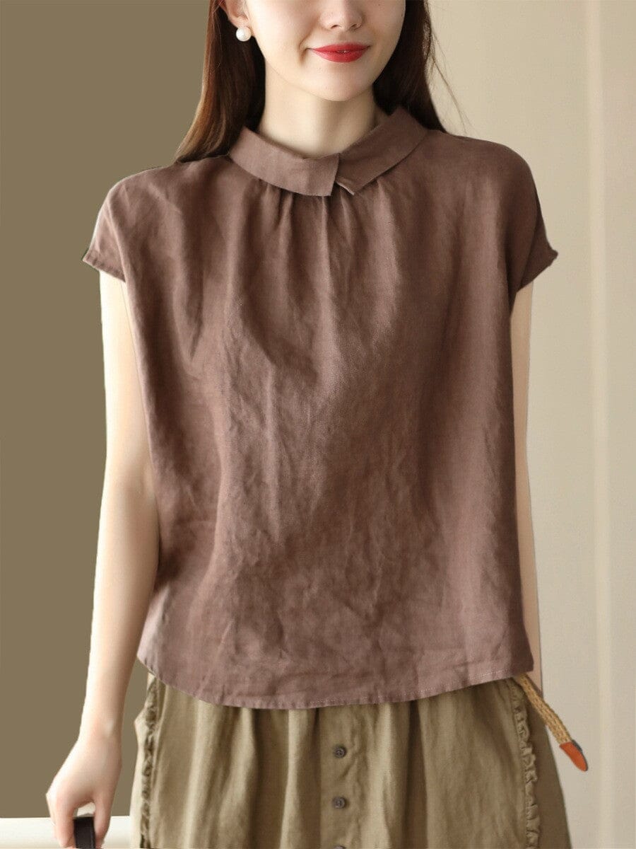 Loose Casual Retro Polo Collar Blouse Short Sleeve Summer