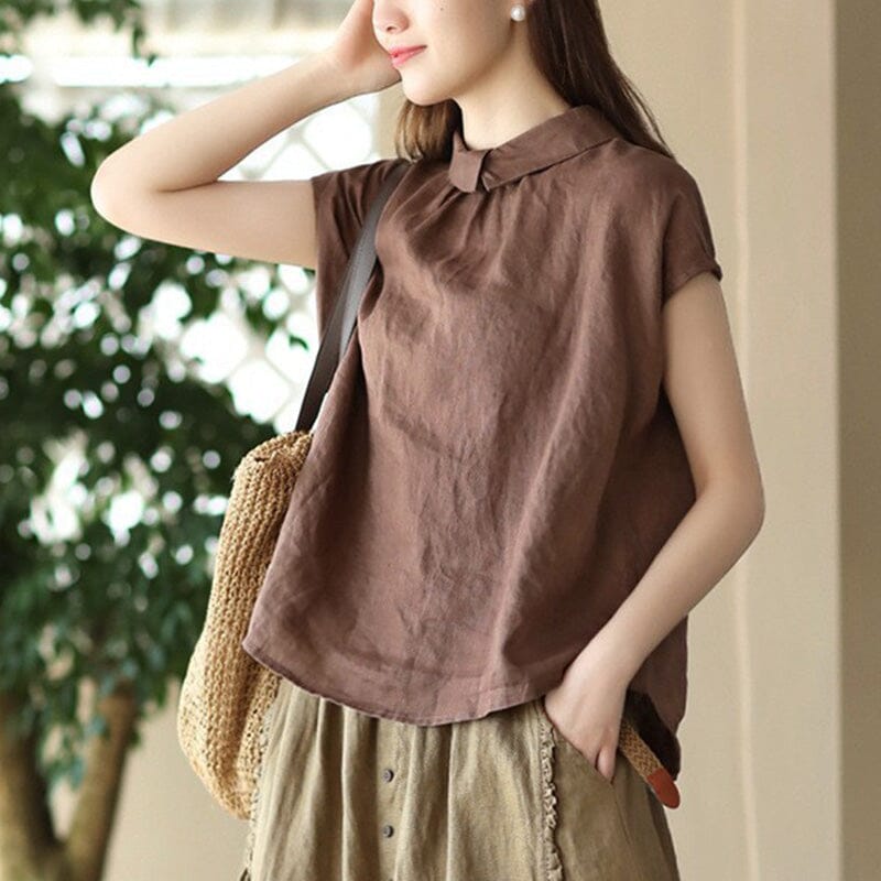 Loose Casual Retro Polo Collar Blouse Short Sleeve Summer