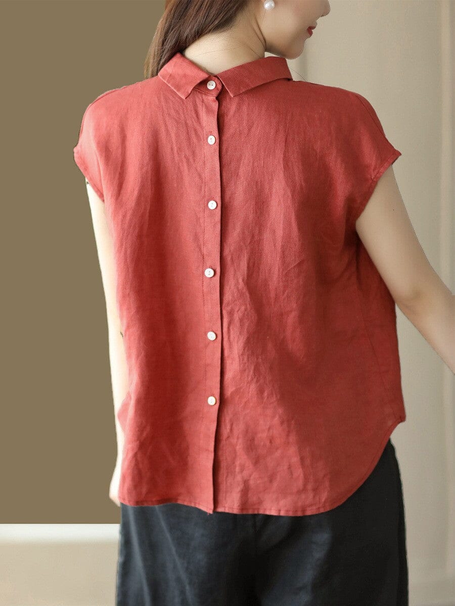 Loose Casual Retro Polo Collar Blouse Short Sleeve Summer