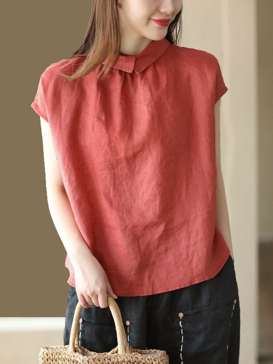 Loose Casual Retro Polo Collar Blouse Short Sleeve Summer