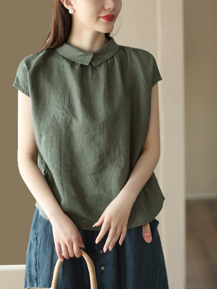 Loose Casual Retro Polo Collar Blouse Short Sleeve Summer