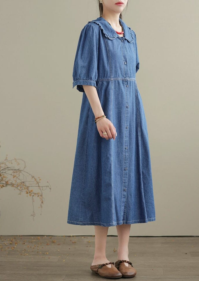 Summer Casual Solid Cotton Denim Dress Short Sleeve