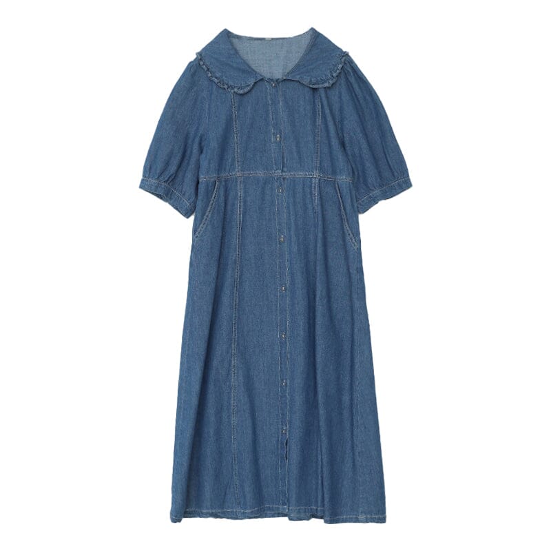 Summer Casual Solid Cotton Denim Dress Short Sleeve
