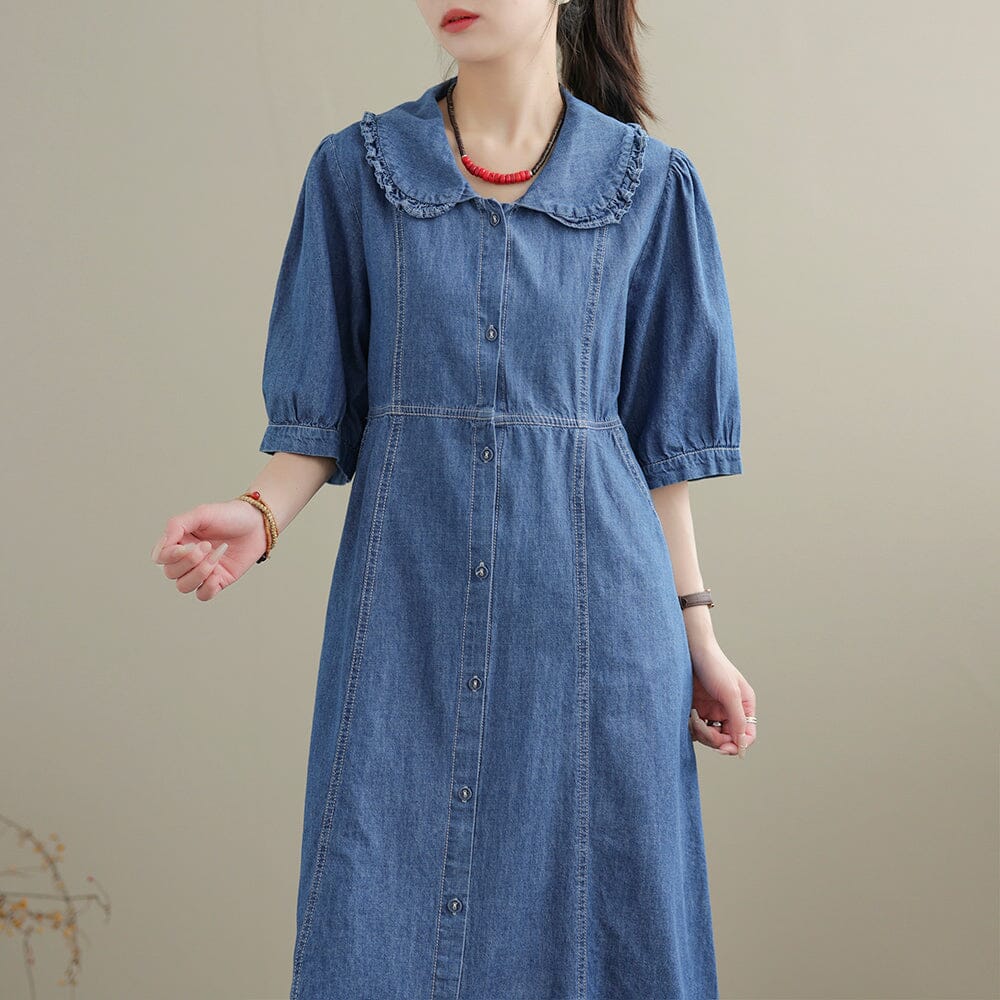 Summer Casual Solid Cotton Denim Dress Short Sleeve