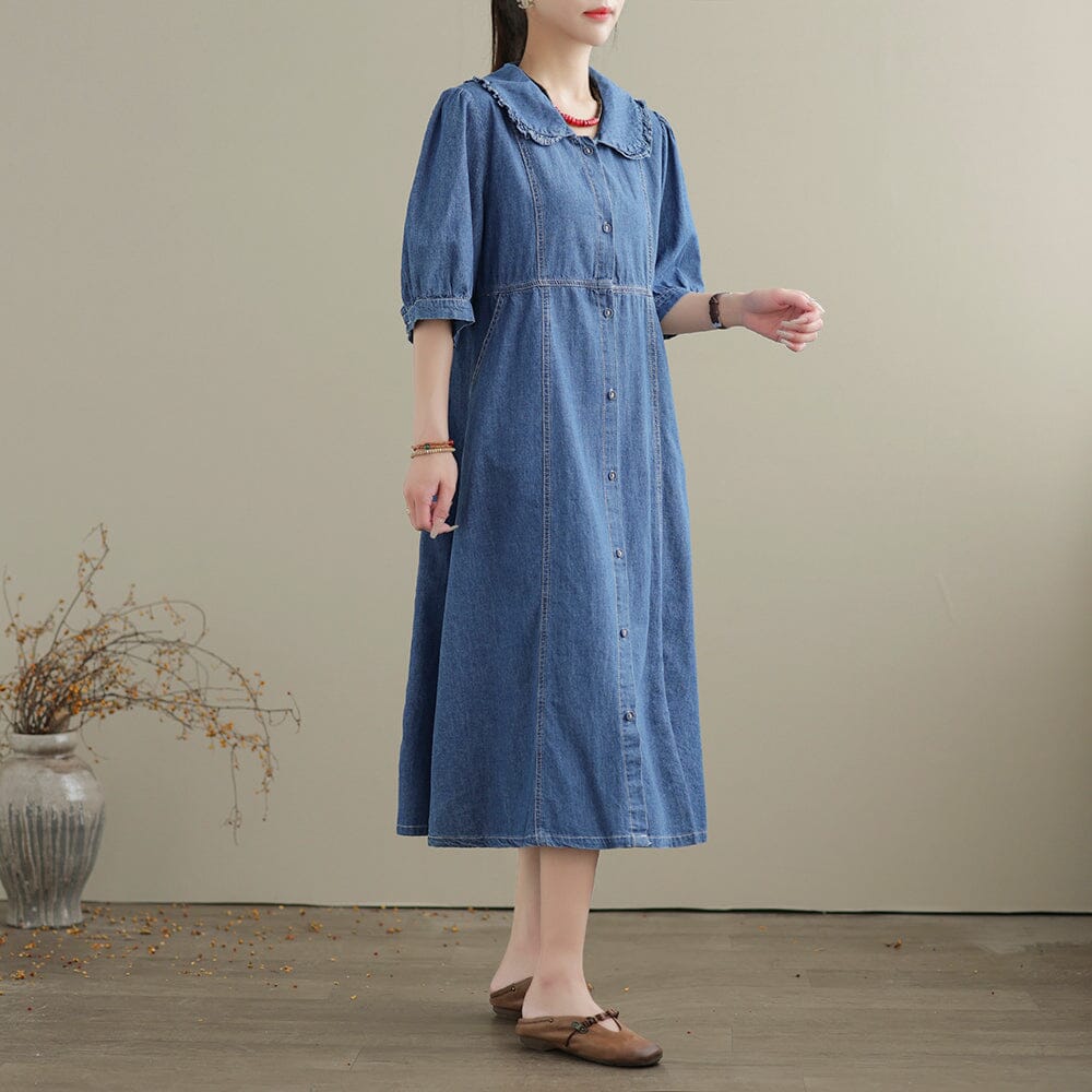 Summer Casual Solid Cotton Denim Dress Short Sleeve