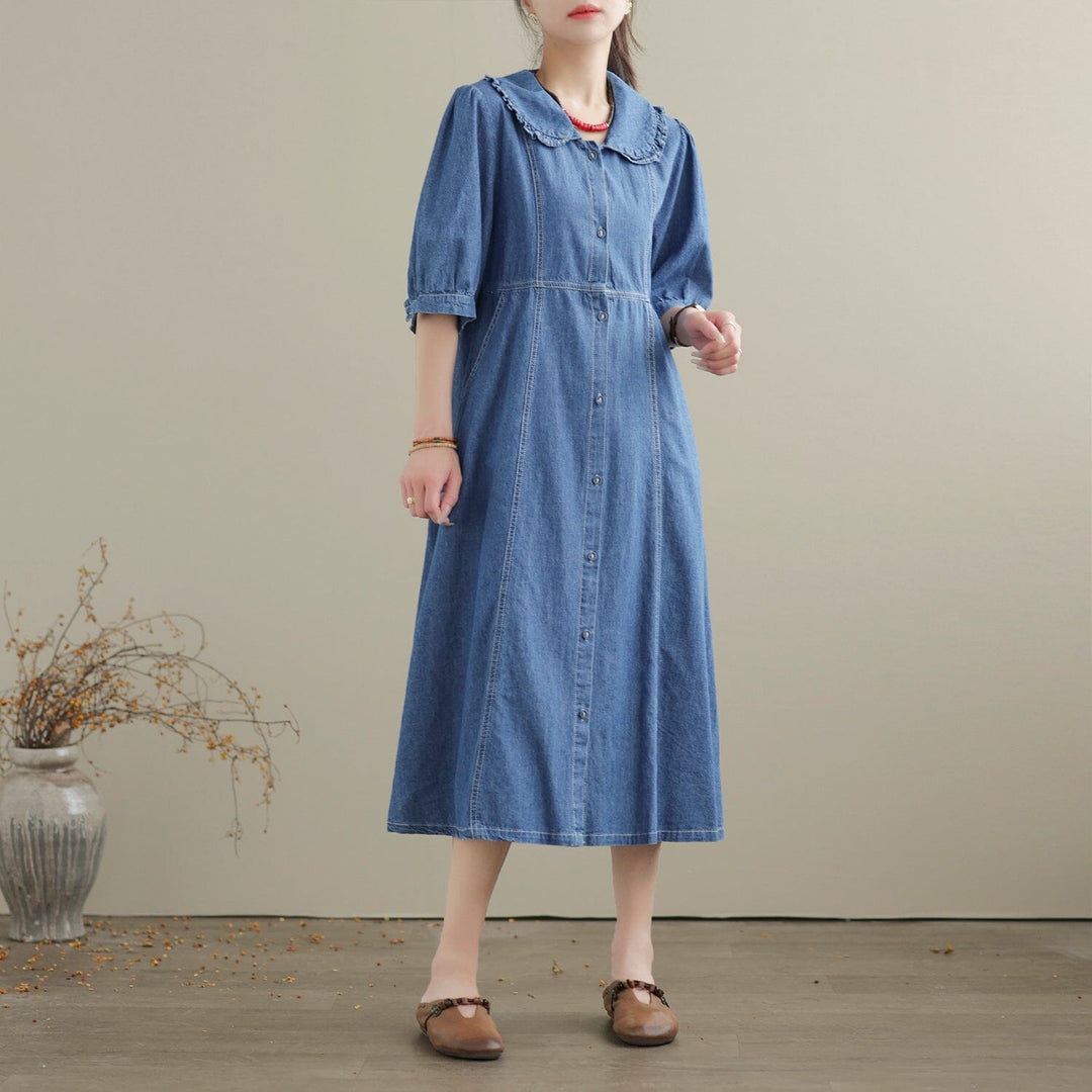 Summer Casual Solid Cotton Denim Dress Short Sleeve