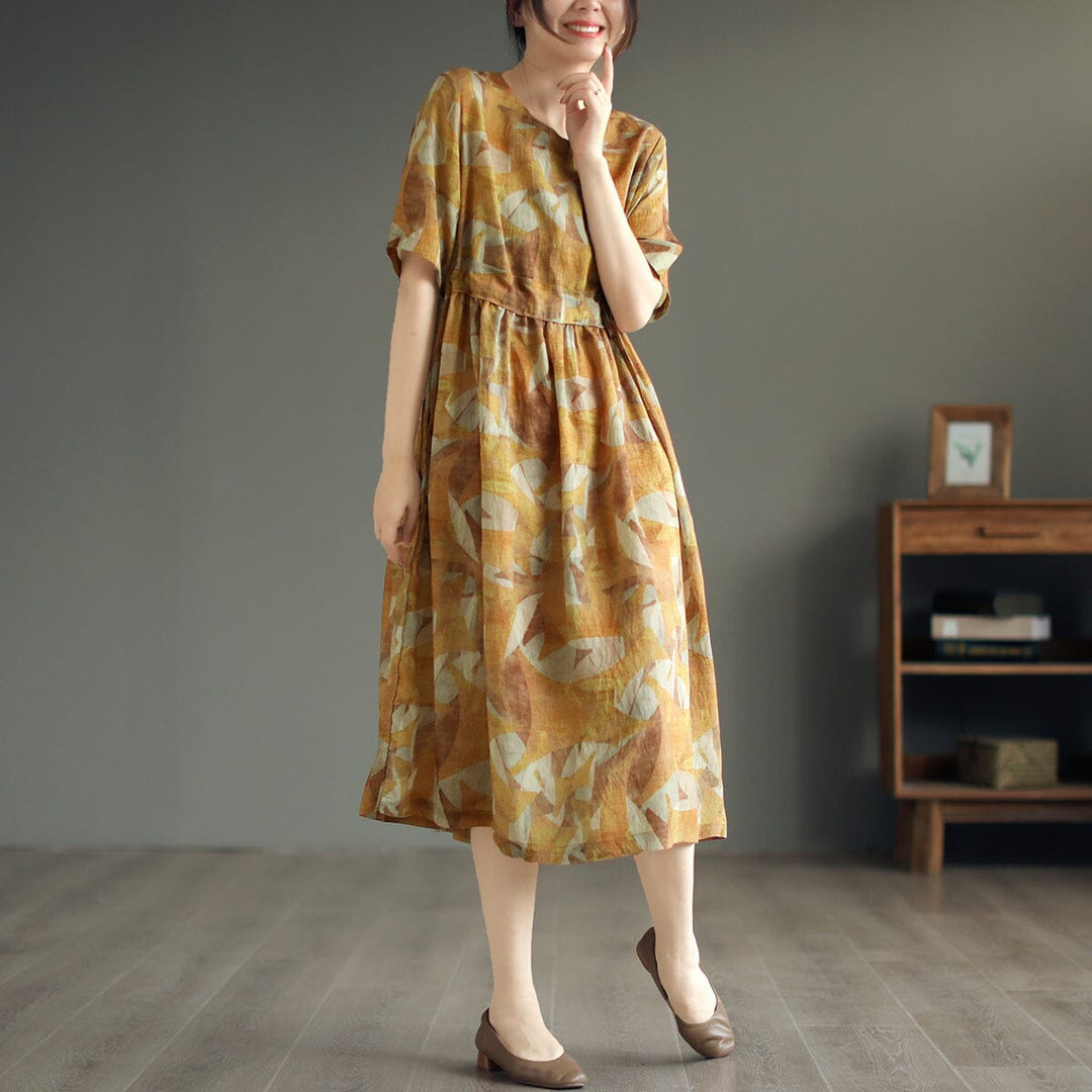 Casual Stylish Print Linen Midi Dress