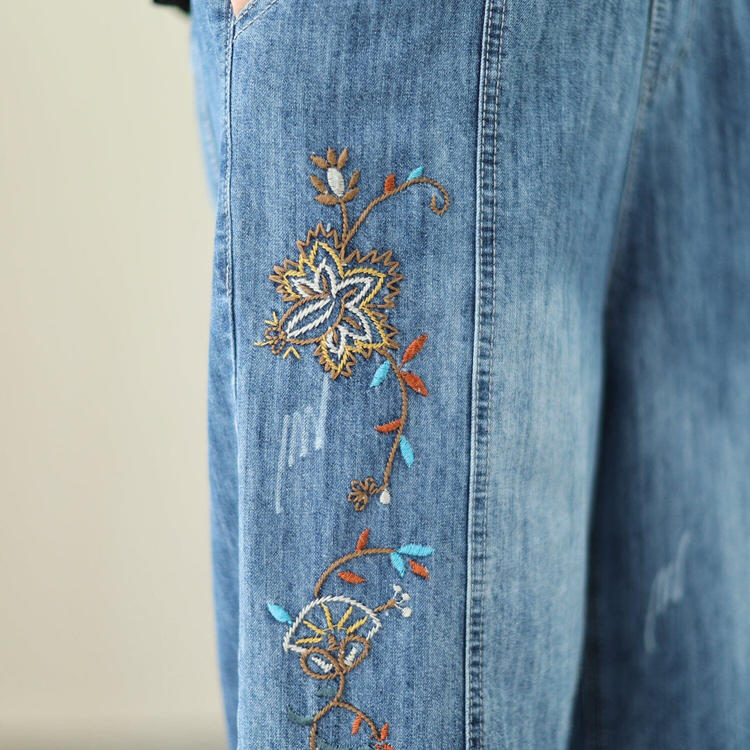 Summer Casual Embroidery Wide Leg Denim Pants