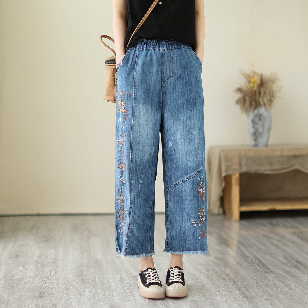 Summer Casual Embroidery Wide Leg Denim Pants