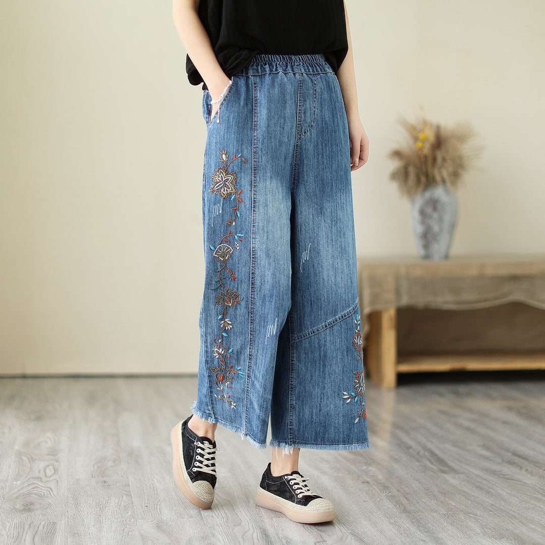 Summer Casual Embroidery Wide Leg Denim Pants